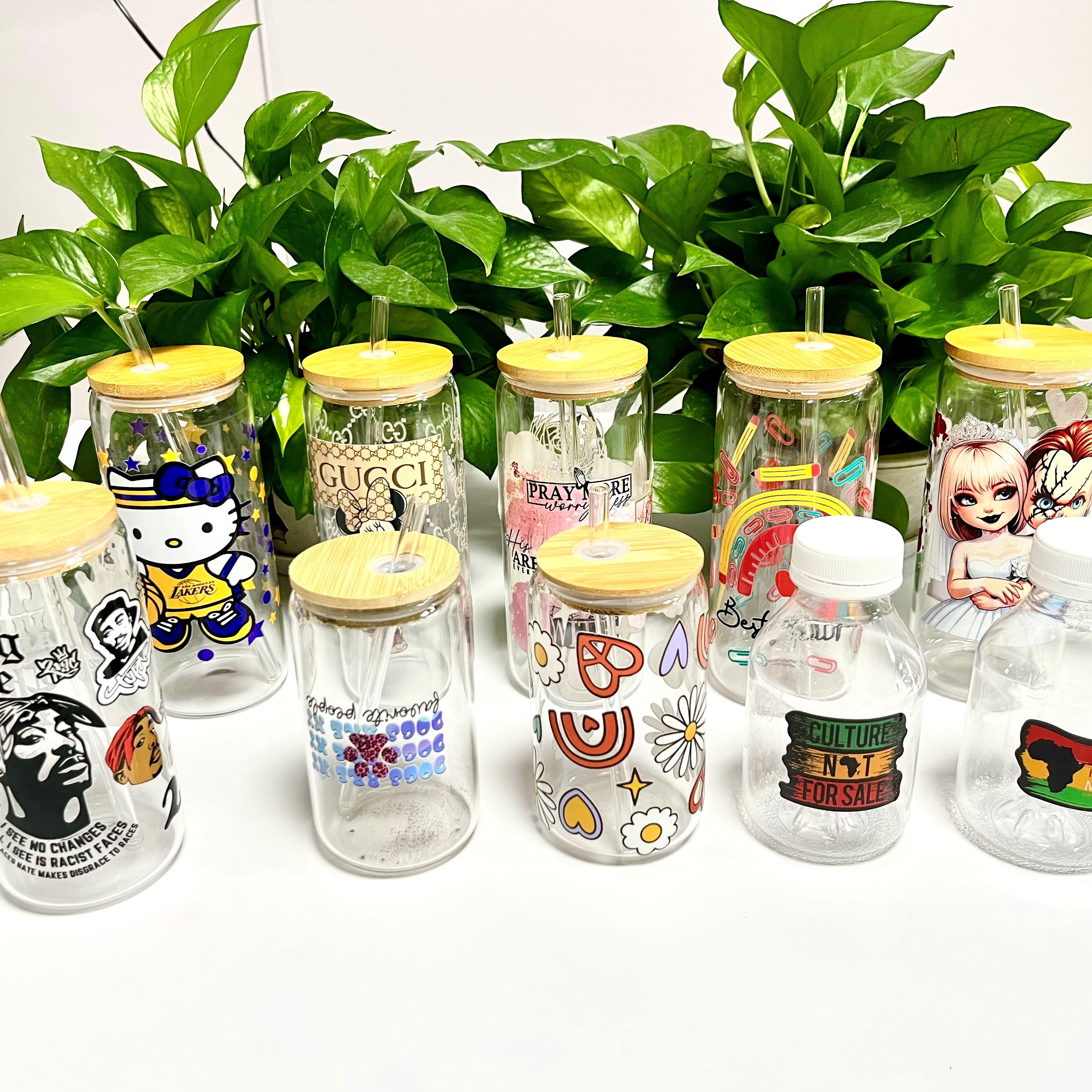 Wholesale Custom UV DTF Decals 16oz 20oz PET Weed Cups Glass Wraps Pegatina Transfers Stickers Bottle Water Transfer Printing