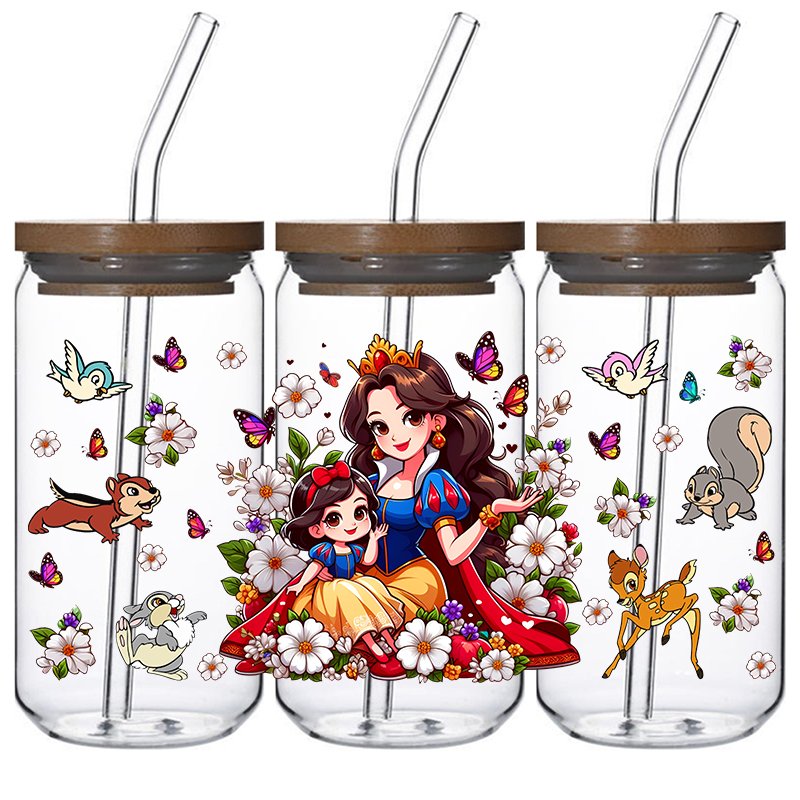 High quality new style princess uvdtf cup wraps transfers 16oz uv dtf stickers custom designs size glass labels decals