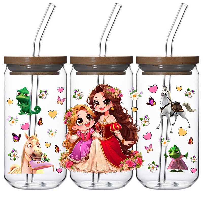 High quality new style princess uvdtf cup wraps transfers 16oz uv dtf stickers custom designs size glass labels decals