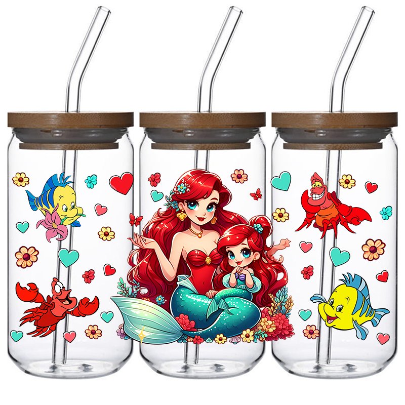 High quality new style princess uvdtf cup wraps transfers 16oz uv dtf stickers custom designs size glass labels decals