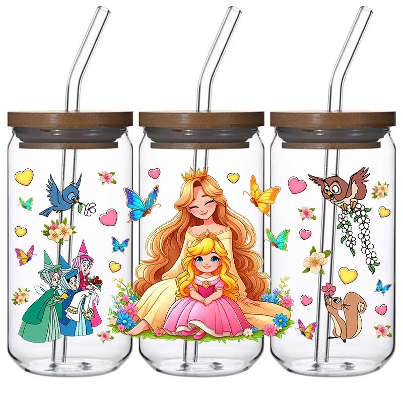 High quality new style princess uvdtf cup wraps transfers 16oz uv dtf stickers custom designs size glass labels decals