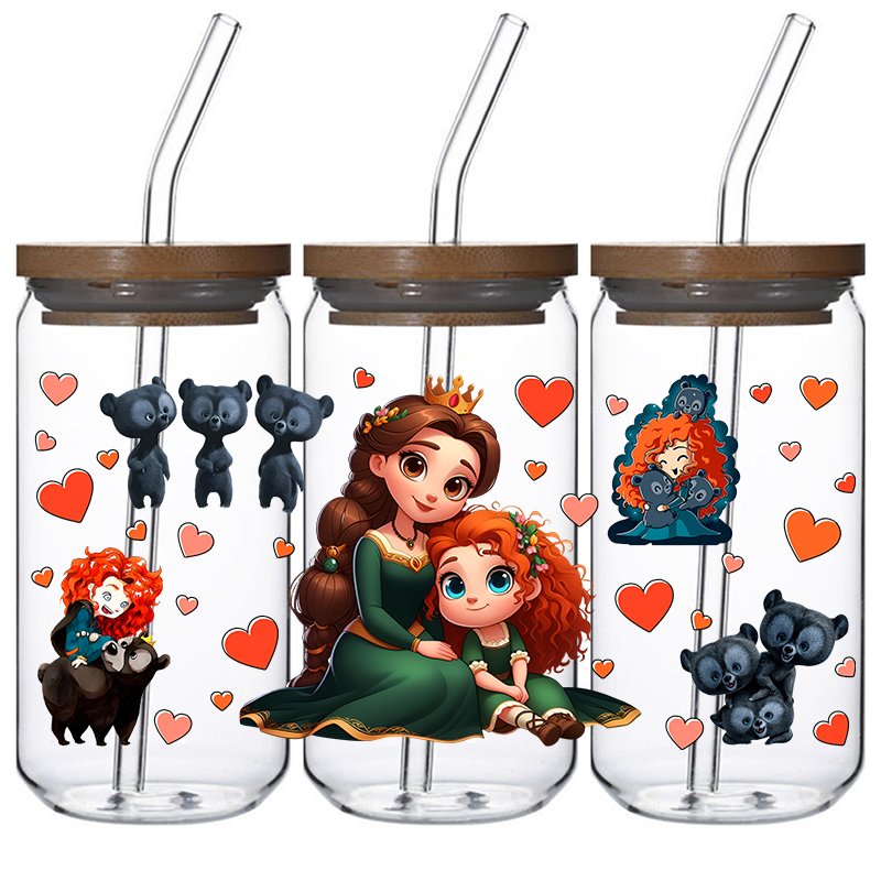 High quality new style princess uvdtf cup wraps transfers 16oz uv dtf stickers custom designs size glass labels decals