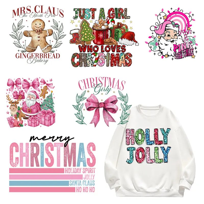 DTF Designs Ready To Press Plastisol Heat Transfer Label For T-Shirt Wholesale Christmas Custom Christmas Logo Iron On Sticker