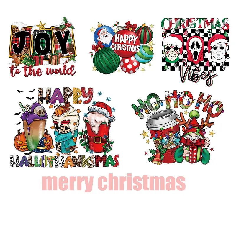 DTF Designs Ready To Press Plastisol Heat Transfer Label For T-Shirt Wholesale Christmas Custom Christmas Logo Iron On Sticker