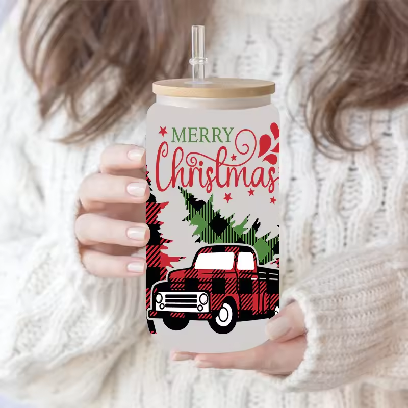 Wholesale 16oz Glass with Custom Christmas Festival Design Washable Water Transfer Printed Glassware