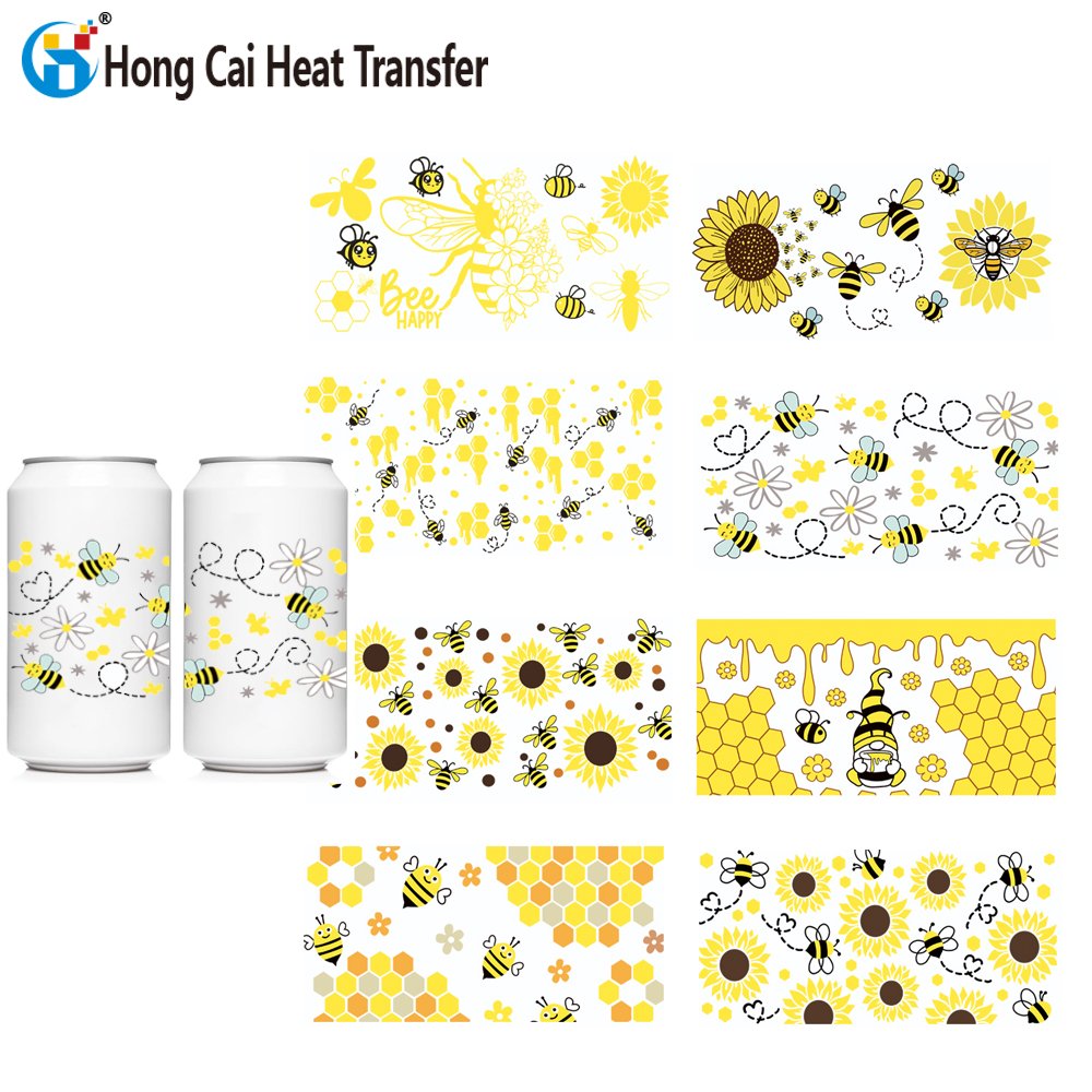 Hongcai Ready To Transfer Custom DIY 16oz UV DTF Sticker Printing Glass Can Waterproof Bee Designs Wrap Transfer For Cup Wraps