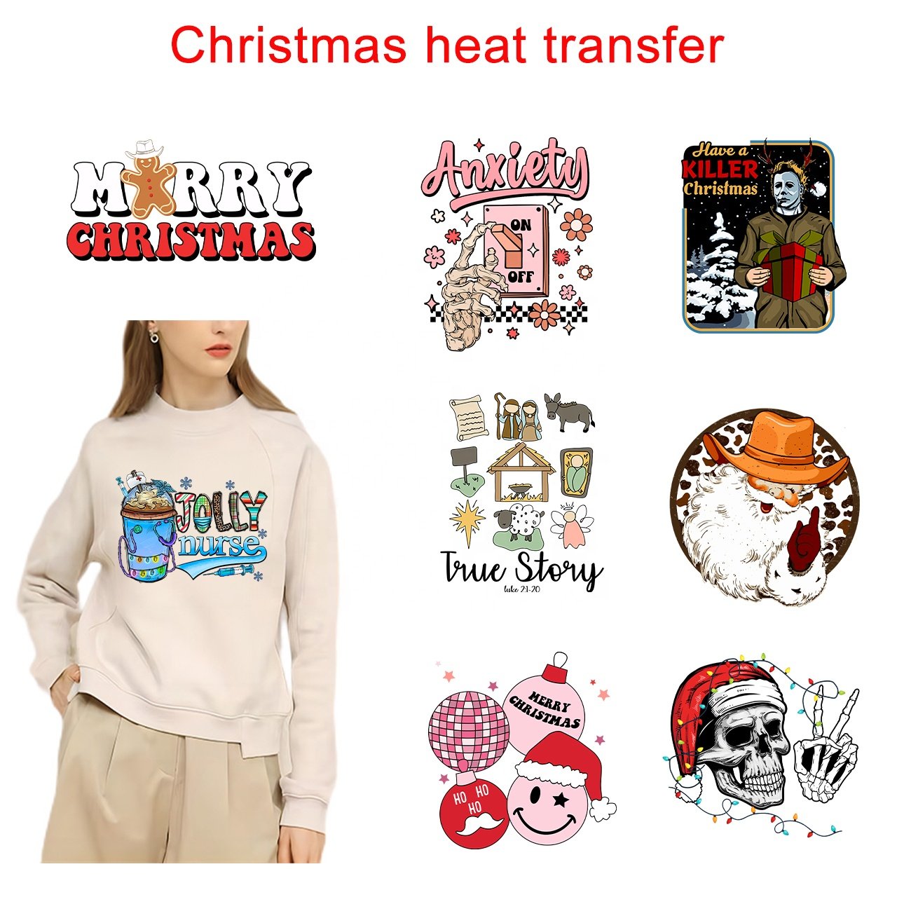 Factory wholesale plastisol customized Christmas waterproof transfer printing vinyl custom DTF heat transfer for t-shirt