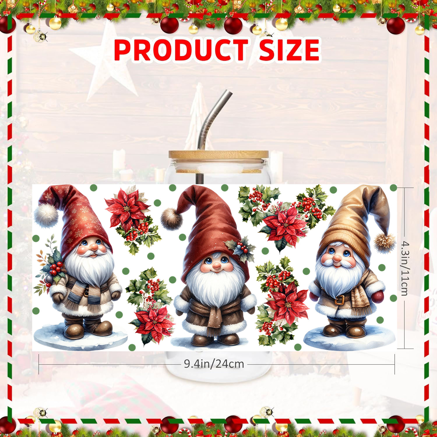 UV Cup Wrap Christmas Gnome UV DTF Decals UVDTF Transfer Stickers Waterproof UV DTF Wraps for 16 oz Glass Cups