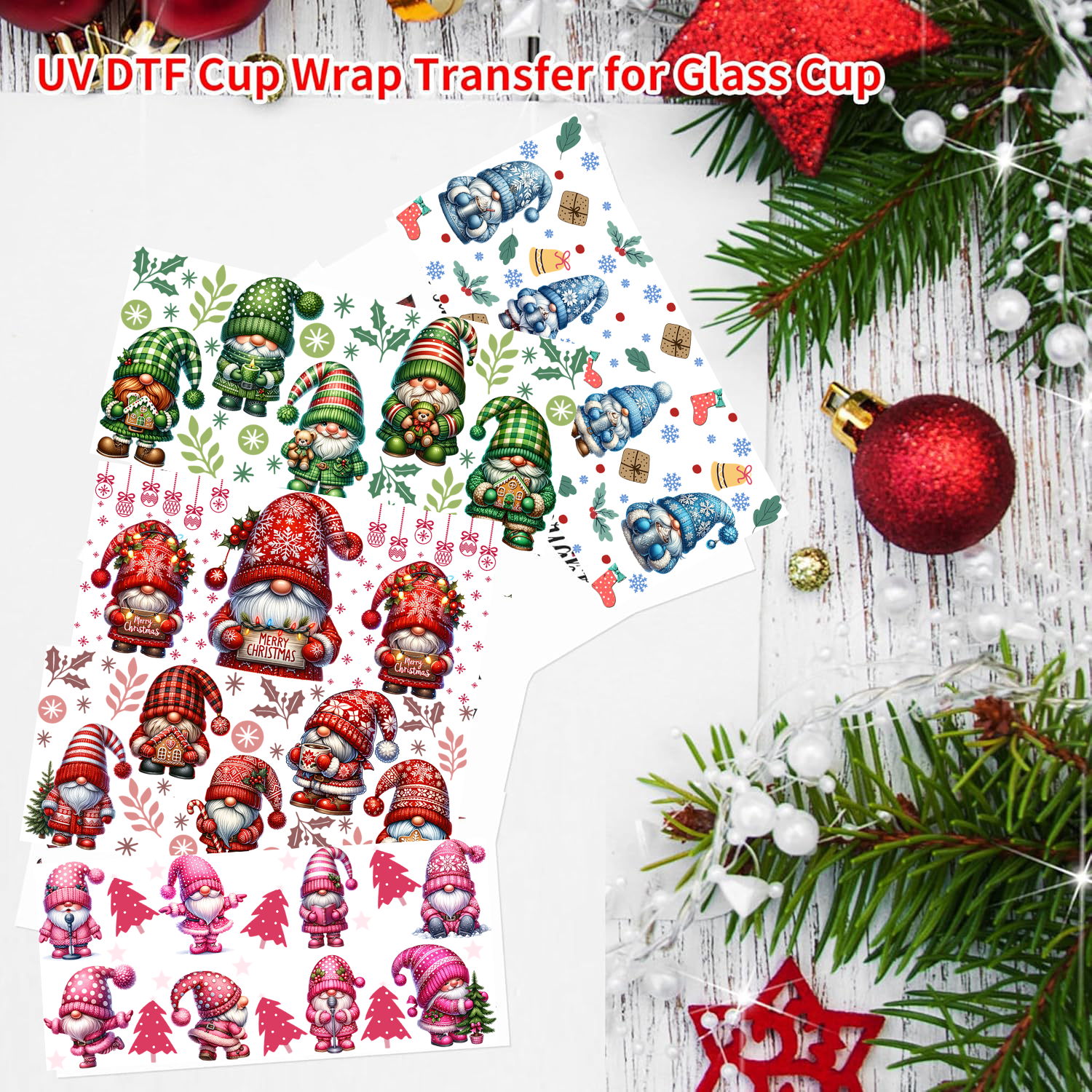 UV Cup Wrap Christmas Gnome UV DTF Decals UVDTF Transfer Stickers Waterproof UV DTF Wraps for 16 oz Glass Cups