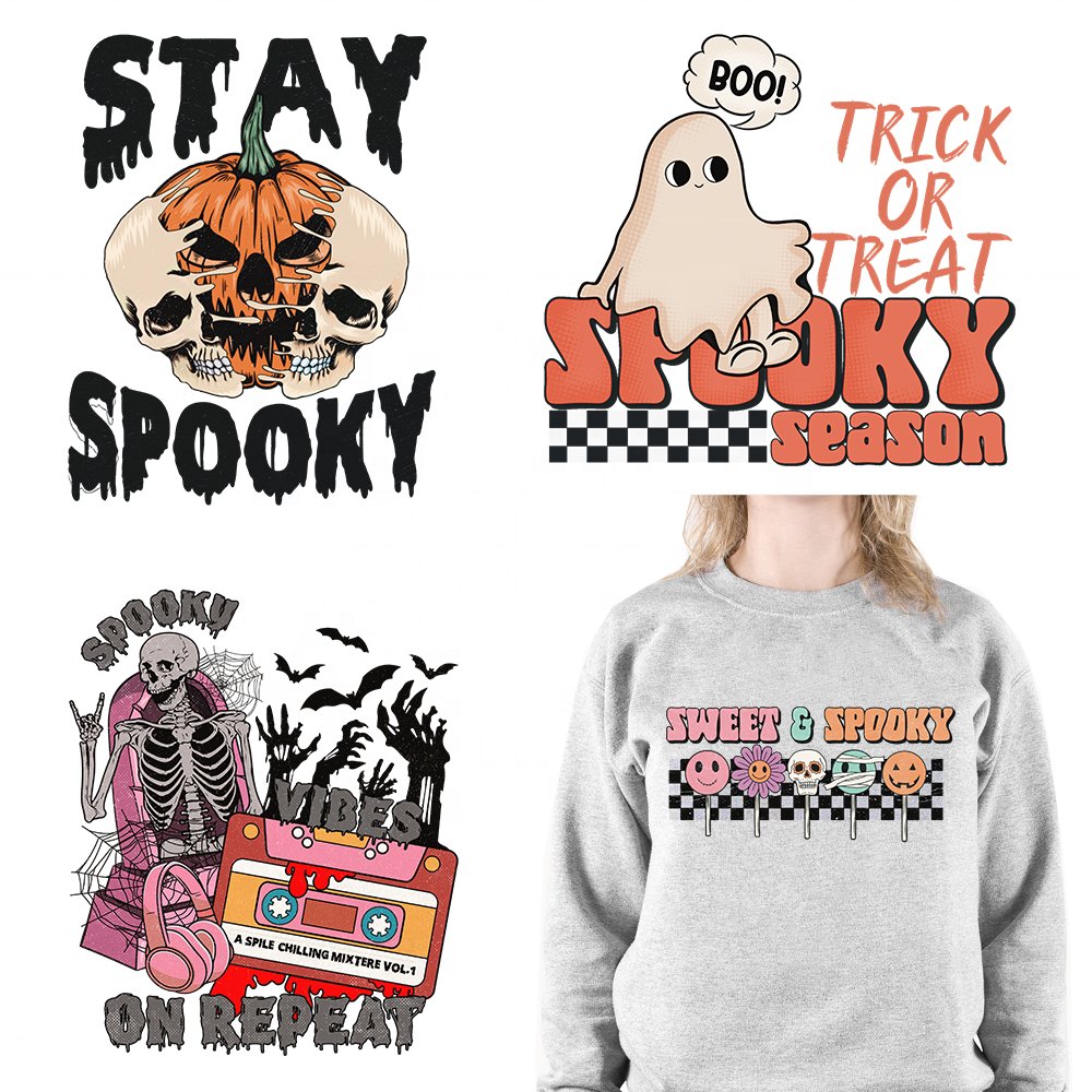 Sweet Spooky Halloween Vibes Designs Iron On Ghoul Gang Howdy Pumpkin DTF Heat Transfers Stickers Ready To Press For T-Shirts