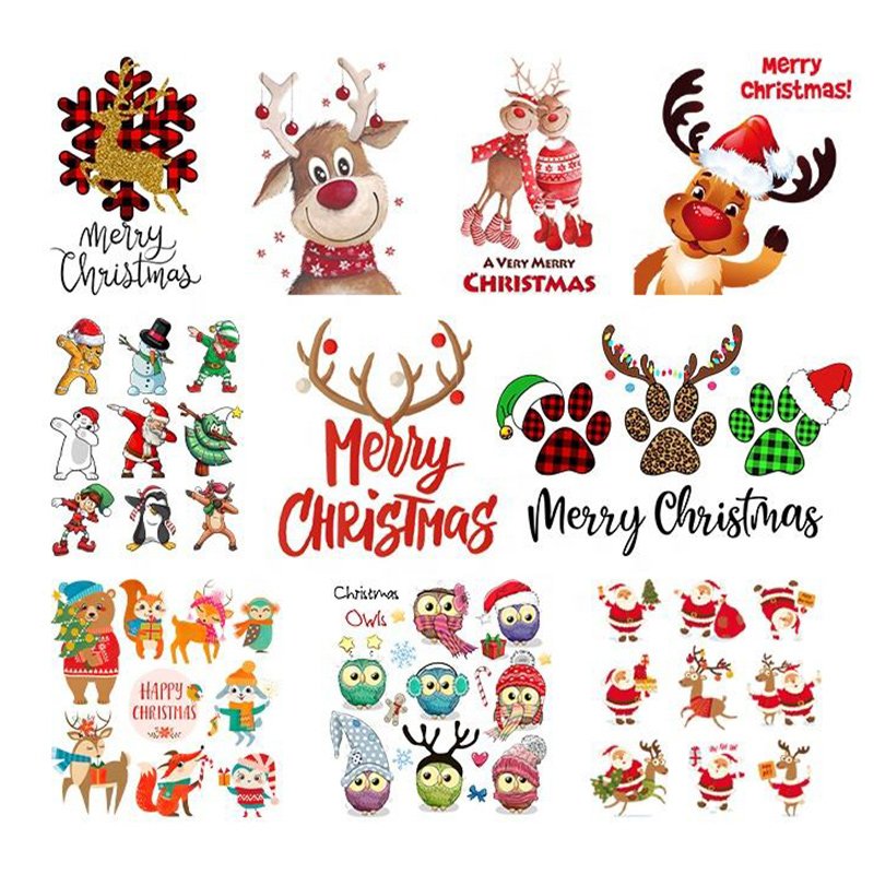Vintage Christmas Heat Transfers Printing Holly Deer Car Iron On Patches For Clothing Heat Press Diy Applique On Clothes Decals