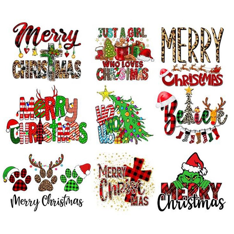 Vintage Christmas Heat Transfers Printing Holly Deer Car Iron On Patches For Clothing Heat Press Diy Applique On Clothes Decals