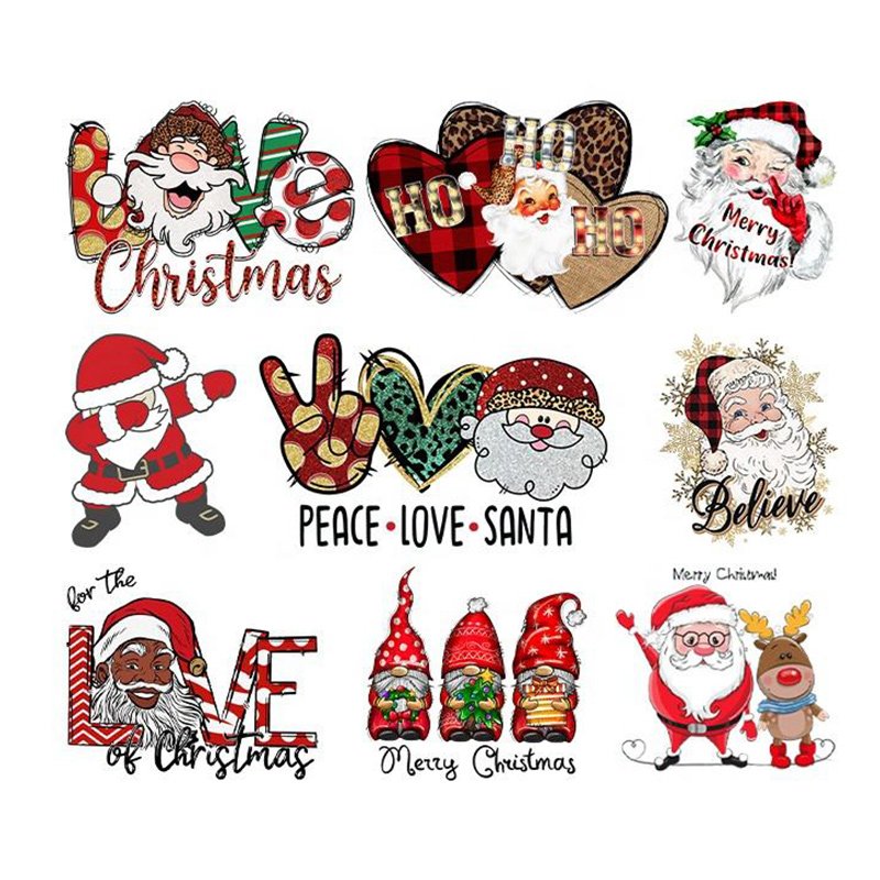 Vintage Christmas Heat Transfers Printing Holly Deer Car Iron On Patches For Clothing Heat Press Diy Applique On Clothes Decals