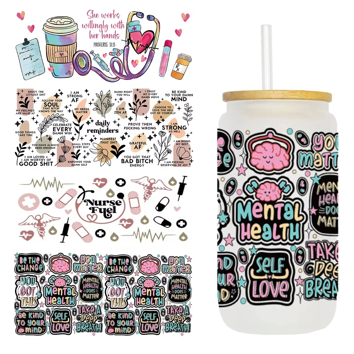 Custom 16oz UV DTF Glass Wrap for Mugs/Cups Washable Water Transfer Printing Heat Transfer Design