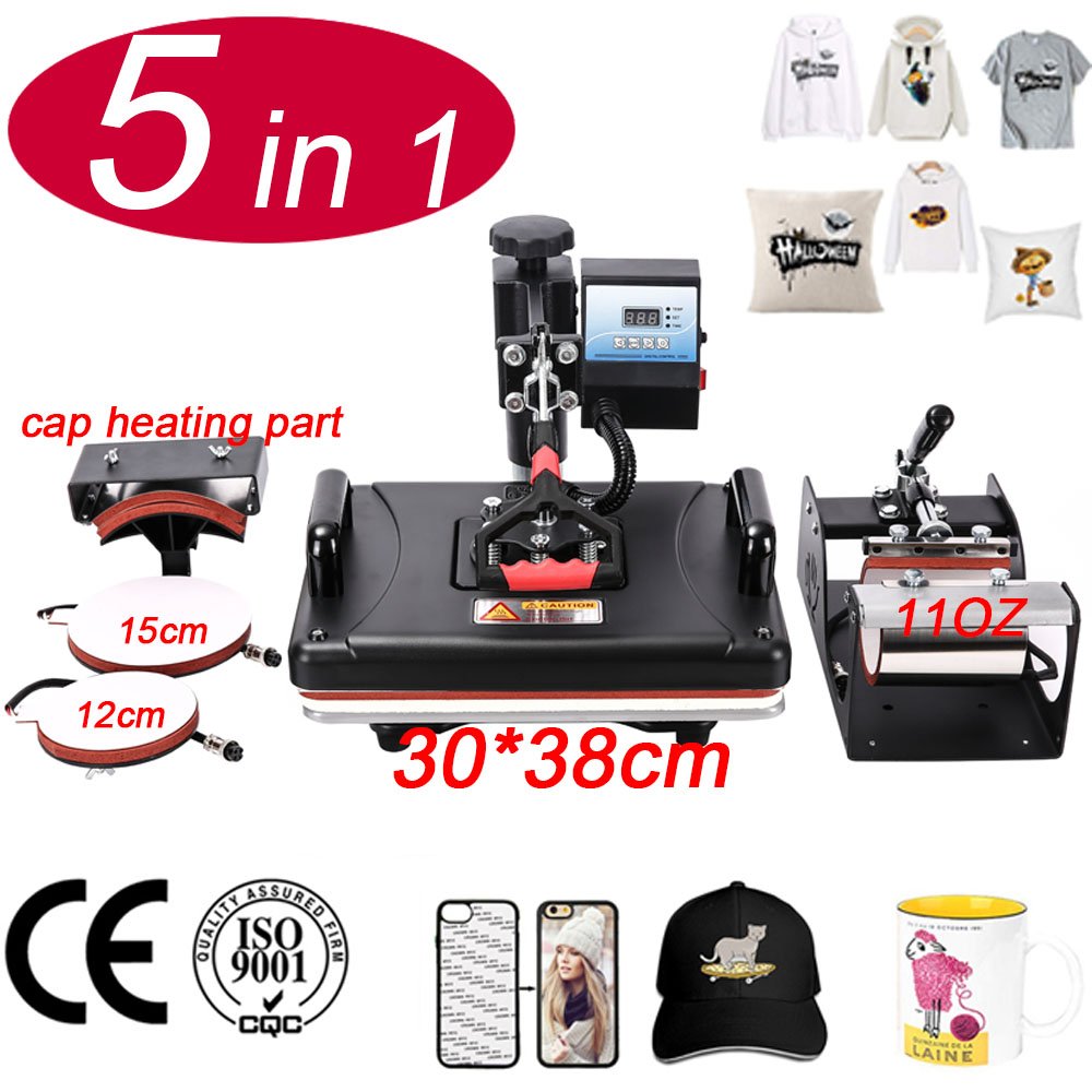 Custom T shirt Heat Transfer Printer 5 in 1 Combo Sublimation Heat Press Machine for Hat/Mug/Plate/ bottle/ T-shirts Printing