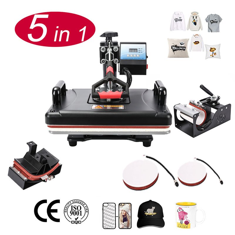 Custom T shirt Heat Transfer Printer 5 in 1 Combo Sublimation Heat Press Machine for Hat/Mug/Plate/ bottle/ T-shirts Printing
