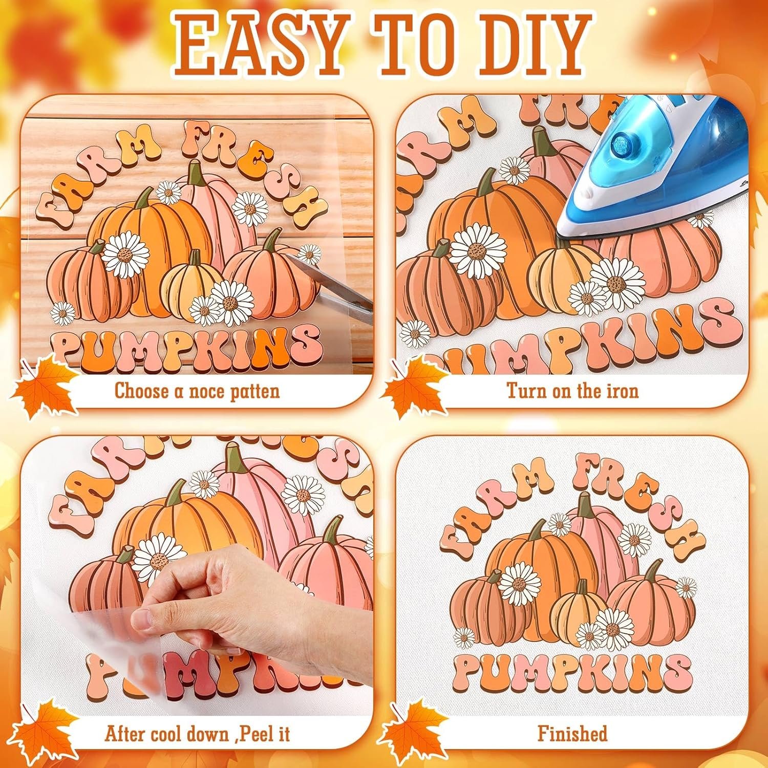 Fall Retro Iron On Transfer Patches for Jeans Fall Autumn Pumpkin DTF Heat Transfer Vinyl Stickers DIY Appliques for Clothing