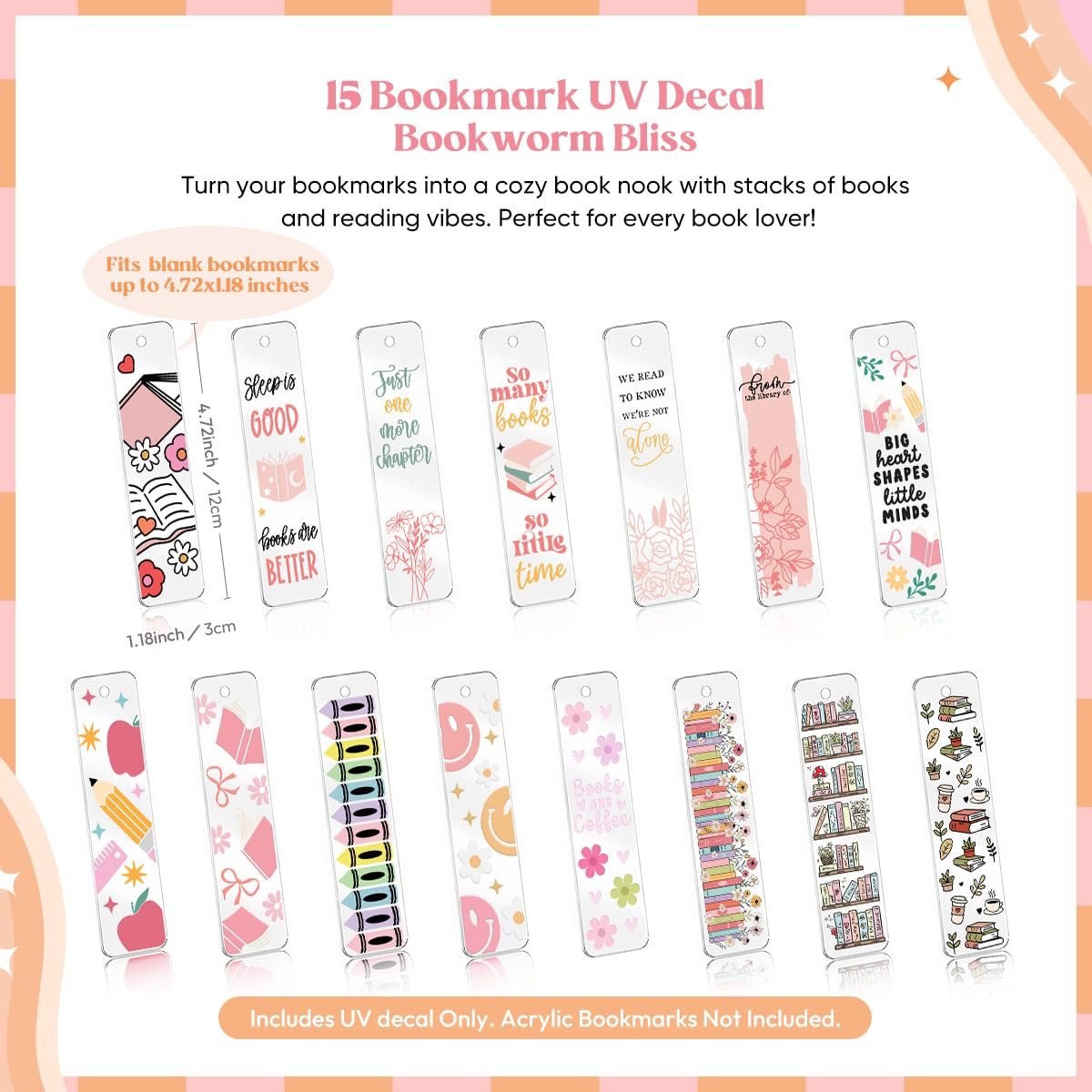 UV DTF Bookmark Wraps -15 Sheets Acrylic Bookmark Blanks UV Stickers About Booklover Theme, Rub on Transfers DIY Blank