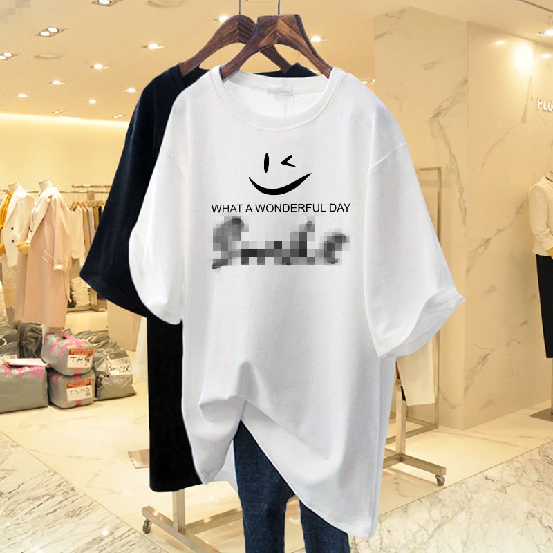 Wholesale custom 100 cotton chuckle print summer short sleeve T-shirt women 2023 new crew-neck loose top