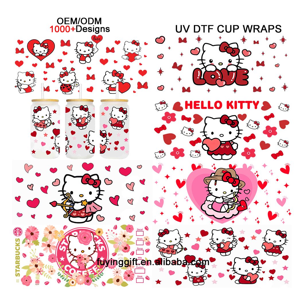 Wholesale ready to transfer uv dtf cup wraps kawaii cat valentines uvdtf wraps transfers stickers for 16 20 24 oz cups