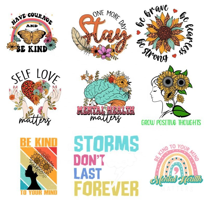 65+ Custom Kindness Positive Retro DTF Print Transfers Printing Mental Health Matter Labels Heat Transfer Stickers For T-shirt