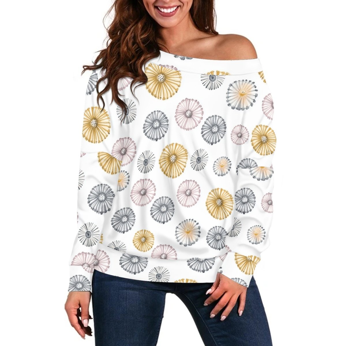 New Arrival Custom Hawaiian Style Sea Urchin Prints Casual Plus Size Long Sleeve Off-Shoulder Women's Top Print On Demand