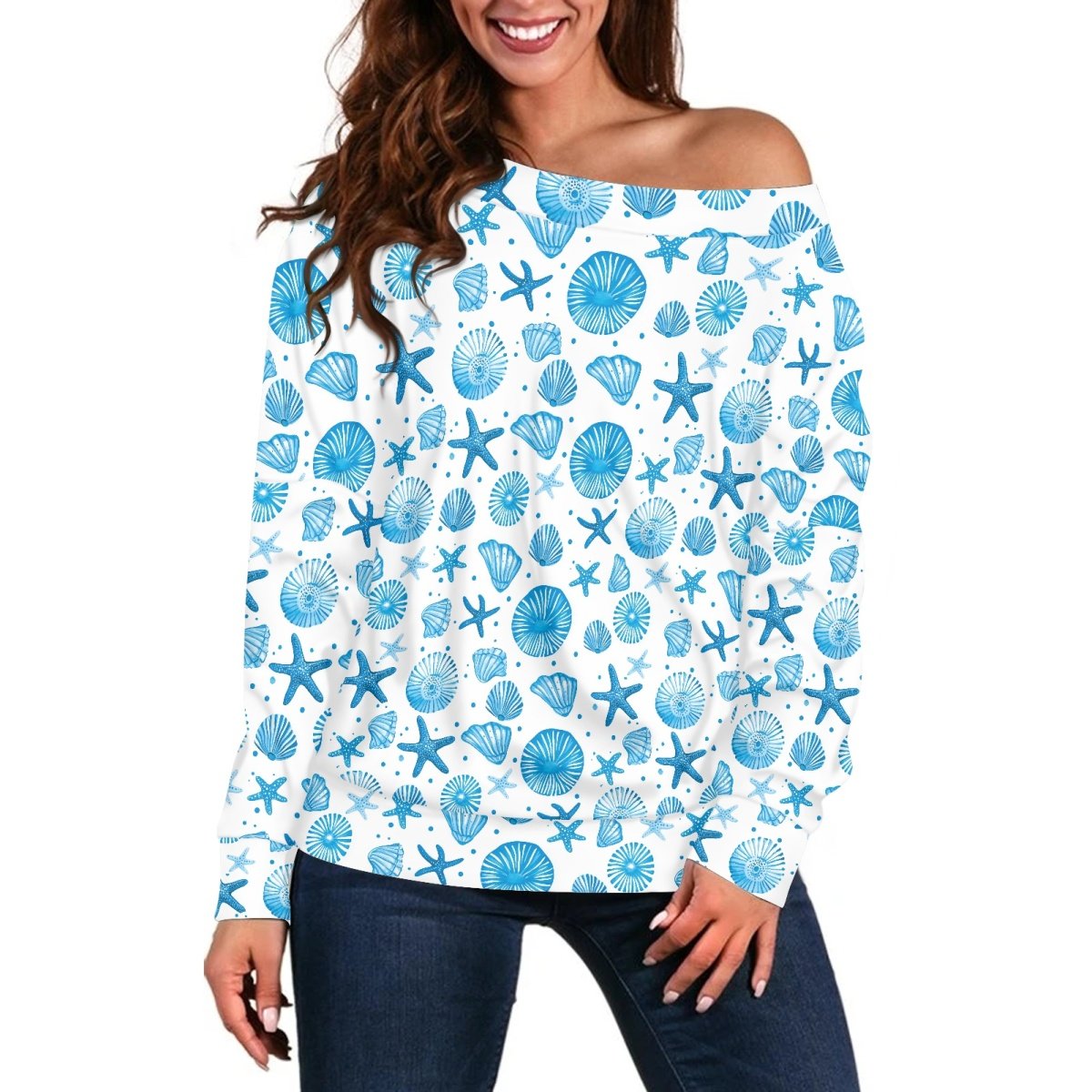 New Arrival Custom Hawaiian Style Sea Urchin Prints Casual Plus Size Long Sleeve Off-Shoulder Women's Top Print On Demand