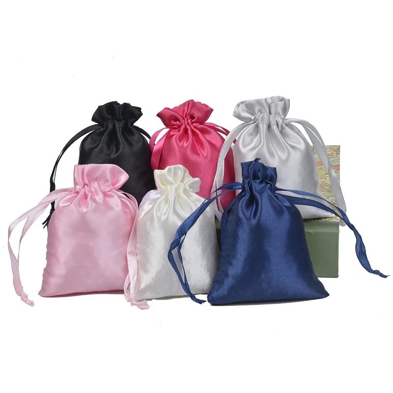 Custom Logo Silk Satin Velvet Jewelry Packaging Pouches with Ribbon Drawstring Storage Gift Bags