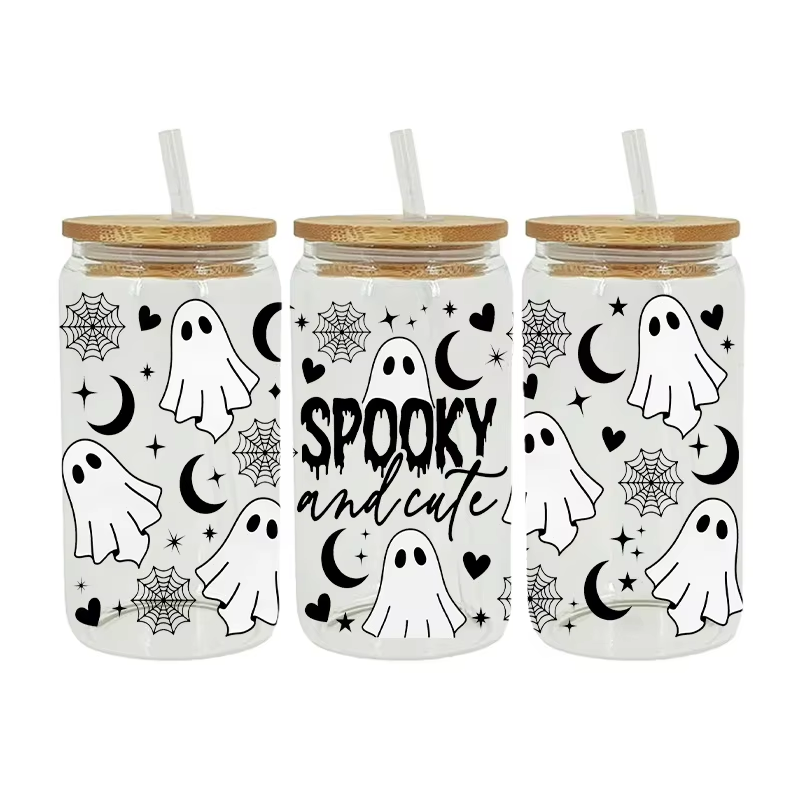 Halloween Waterproof 16Oz Glass Washable Water Transfer Printing Halloween Printed Waterproof for Glass
