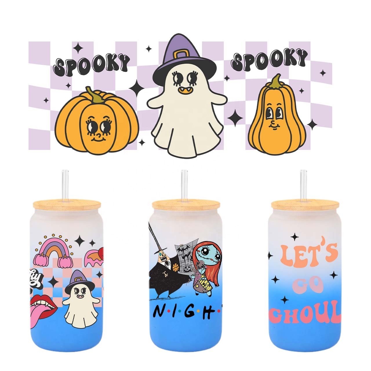 Wholesale low MOQ custom logo Halloween uv decals dtf transfer printing uv ready fast to ship uvdtf cup wraps 16oz for cup