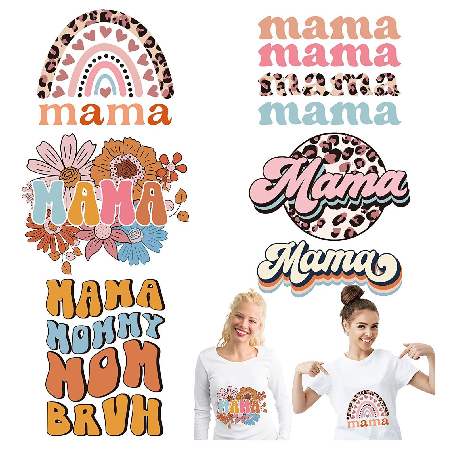Mama Boho Iron On Patches Rainbow Flower Leopard Mom Theme Vinyl Heat Transfer Decal Patches for T-Shirts Jeans Clothing