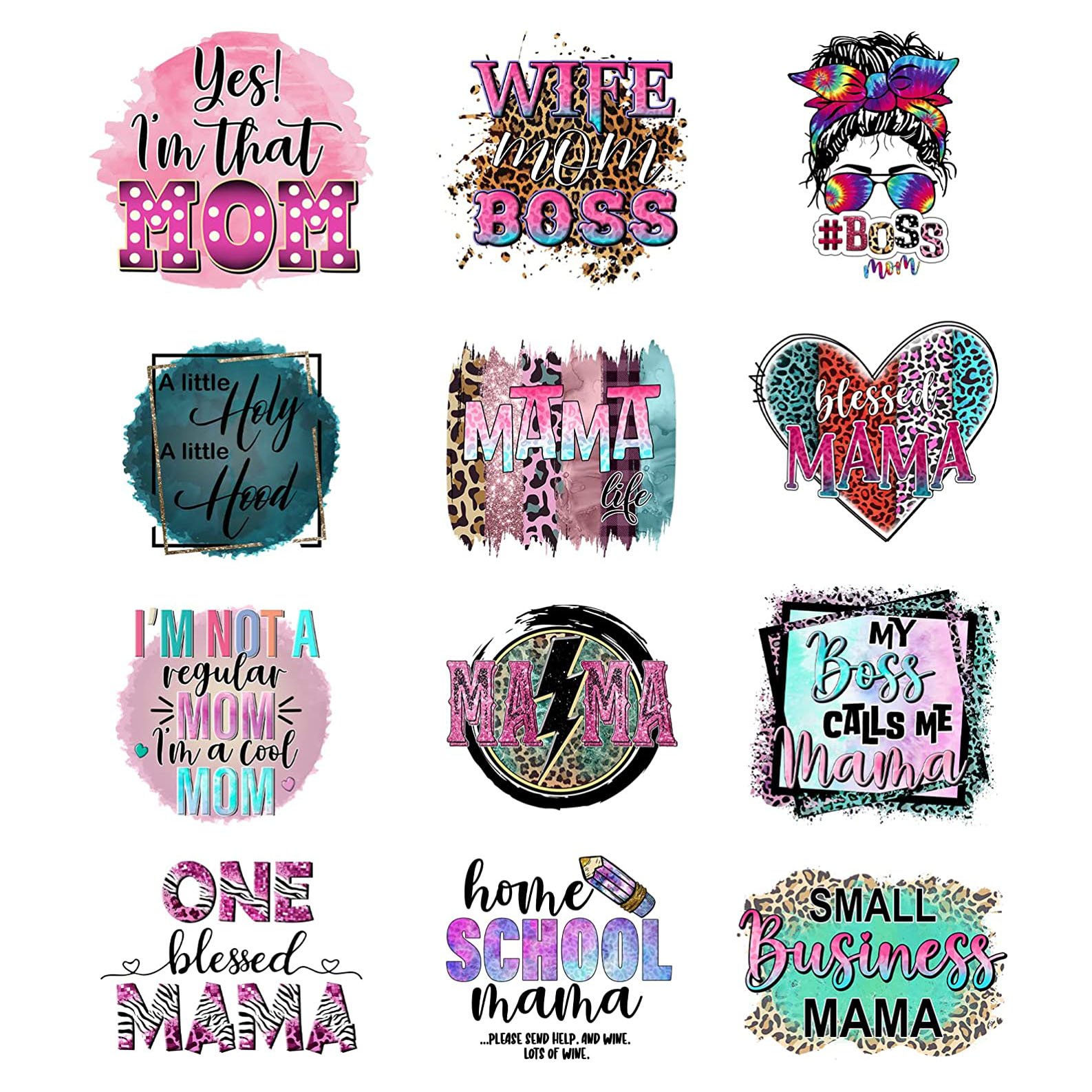 Mama Boho Iron On Patches Rainbow Flower Leopard Mom Theme Vinyl Heat Transfer Decal Patches for T-Shirts Jeans Clothing