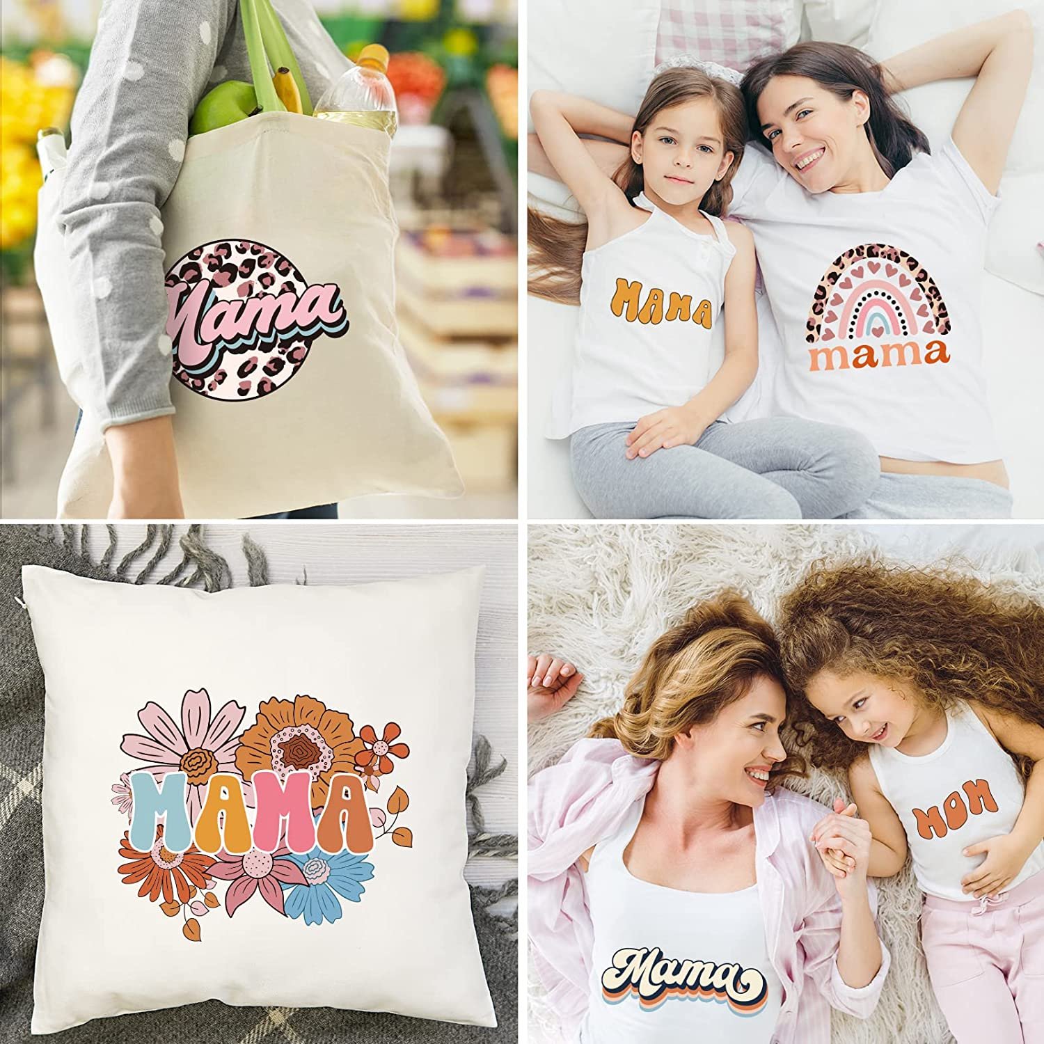 Mama Boho Iron On Patches Rainbow Flower Leopard Mom Theme Vinyl Heat Transfer Decal Patches for T-Shirts Jeans Clothing