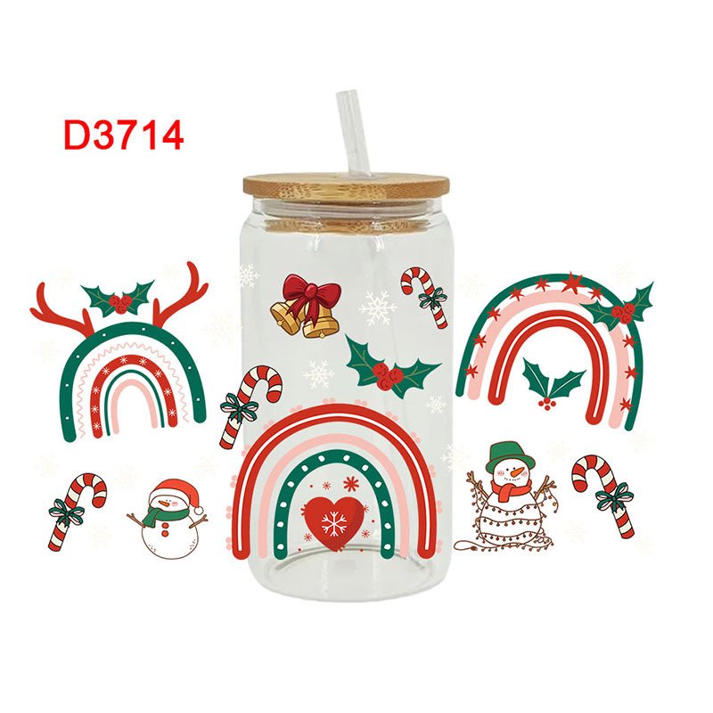 Custom Christmas Gingerbread Man 16oz UV DTF Wrap Cup Glass Decoration Merry Xmas Decals DTF Transfer Snowman Stickers