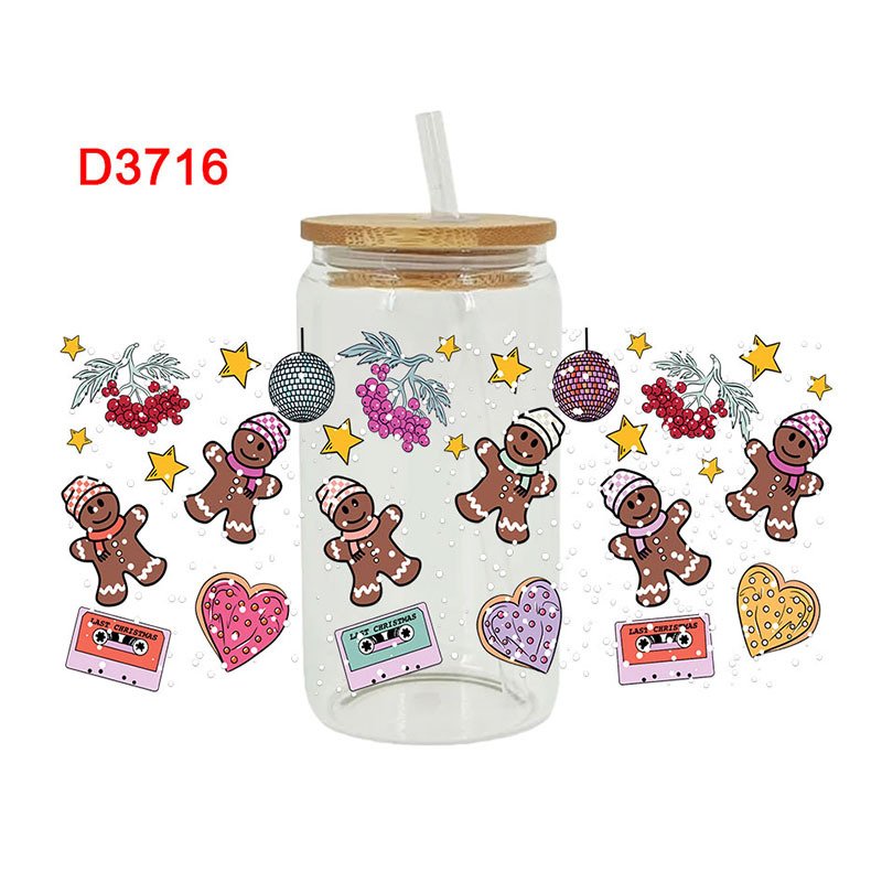 Custom Christmas Gingerbread Man 16oz UV DTF Wrap Cup Glass Decoration Merry Xmas Decals DTF Transfer Snowman Stickers