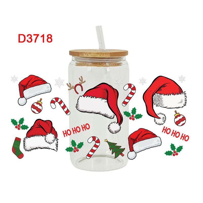 Custom Christmas Gingerbread Man 16oz UV DTF Wrap Cup Glass Decoration Merry Xmas Decals DTF Transfer Snowman Stickers