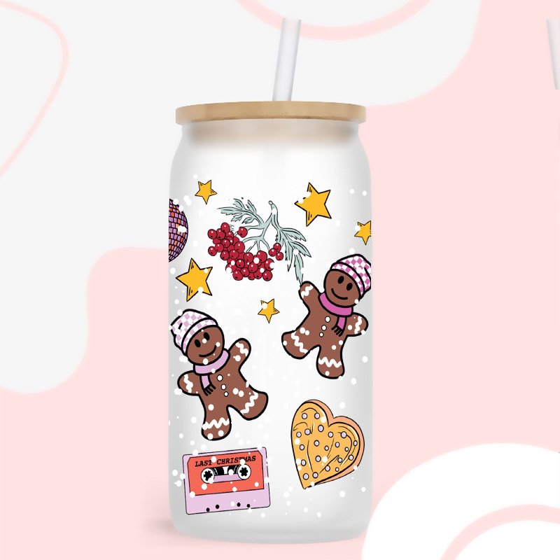Custom Christmas Gingerbread Man 16oz UV DTF Wrap Cup Glass Decoration Merry Xmas Decals DTF Transfer Snowman Stickers
