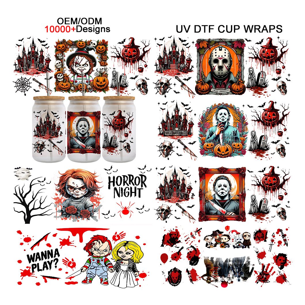 Wholesale Custom Nightmare Before Christmas UV DTF Wrap Transfer Printing 16oz Waterproof Permanent Adhesive Sticker for Cup