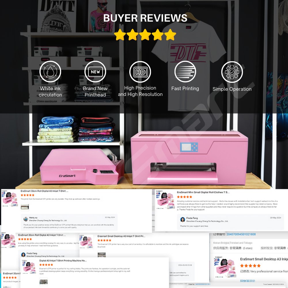 Erasmart Imoresoras DTF A2 A3 A4 Printing Print Head Cleaning Machine I3200 Pink UV DTF Printer With Powder Shaker And Oven