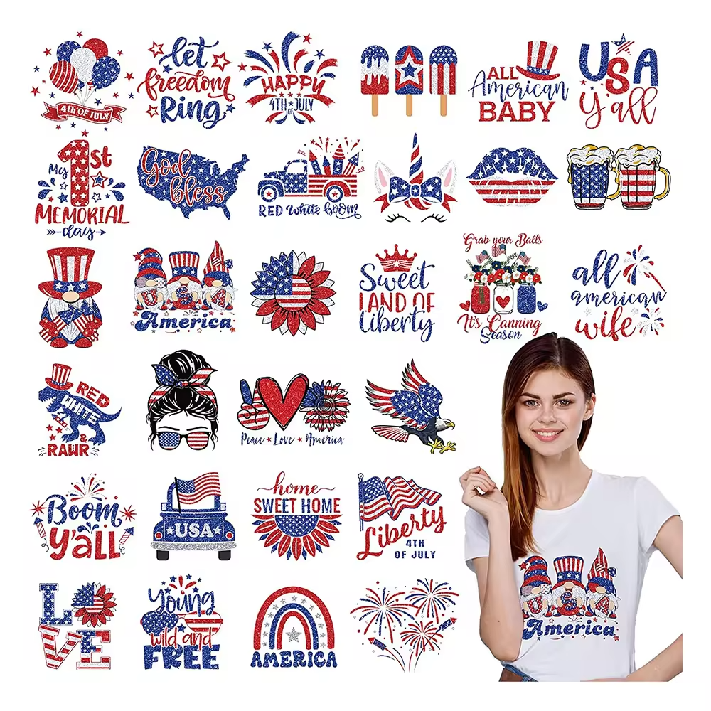 Independence Day Heat Transfers Customized Dtf Printing Service Wholesale Heat Transfer Stickers Custom Logo Garment PET Film