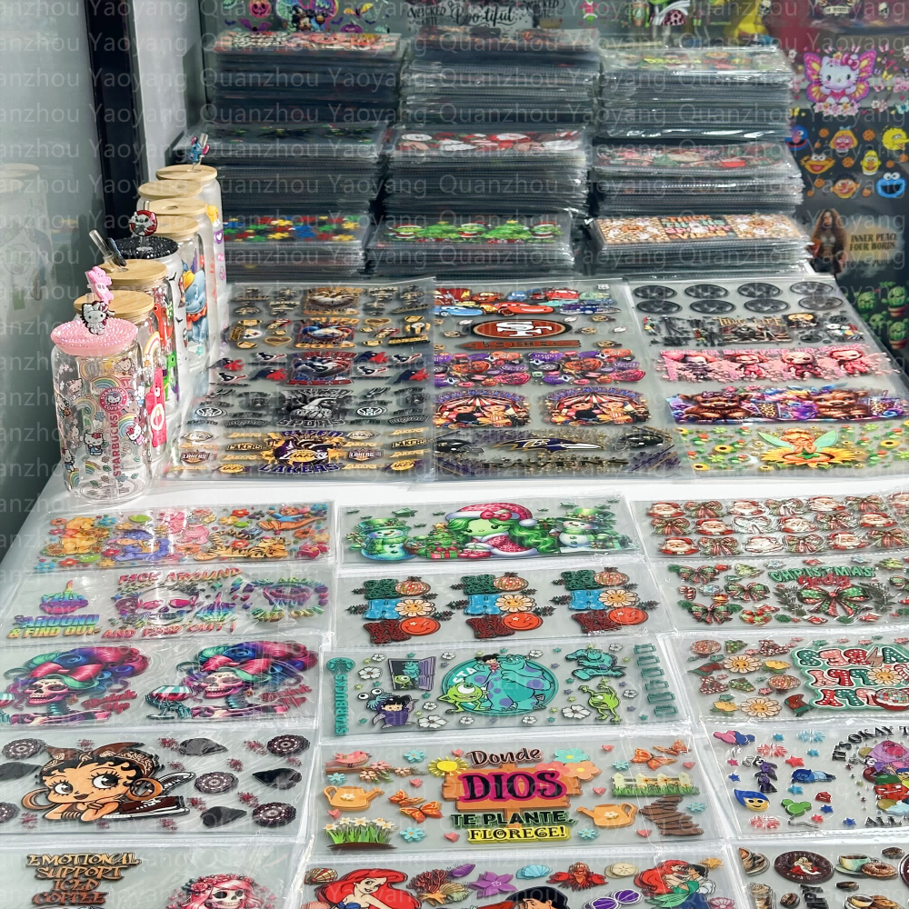 3D logo Wholesale sticker Transfer Printing For Cup wraps colorful iron on decals 16oz uv dtf libby wrap sticker
