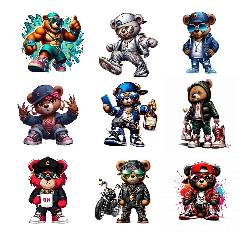 custom High Quality Vinyl Heat Transfer Waterproof Labels Cool bear Stickers DTF heat Transfer for T-Shirts Transfer Printing