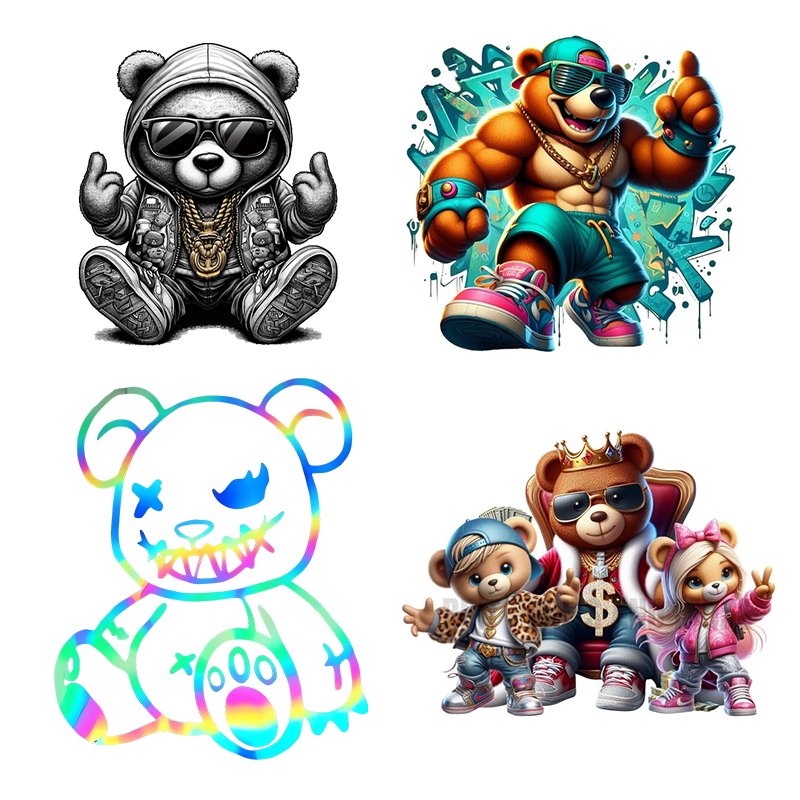 custom High Quality Vinyl Heat Transfer Waterproof Labels Cool bear Stickers DTF heat Transfer for T-Shirts Transfer Printing