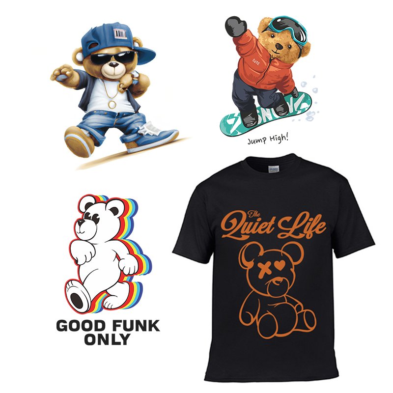 custom High Quality Vinyl Heat Transfer Waterproof Labels Cool bear Stickers DTF heat Transfer for T-Shirts Transfer Printing