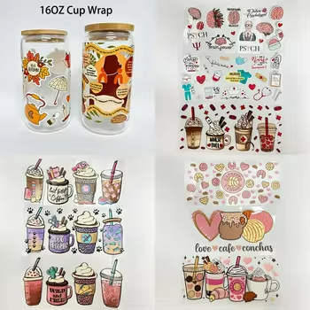 Custom 16OZ UV DTF Cup Wrap Transfer Stickers Water Transfer Printing Clothes Heat Washable Waterproof Plastisol Glass Material