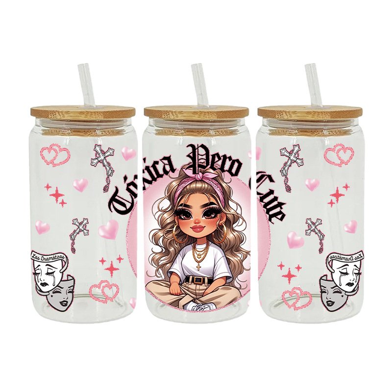 Ready To Ship wholesale Custom girl Design 16oz UV DTF Wrap Cup Glasses Transfer