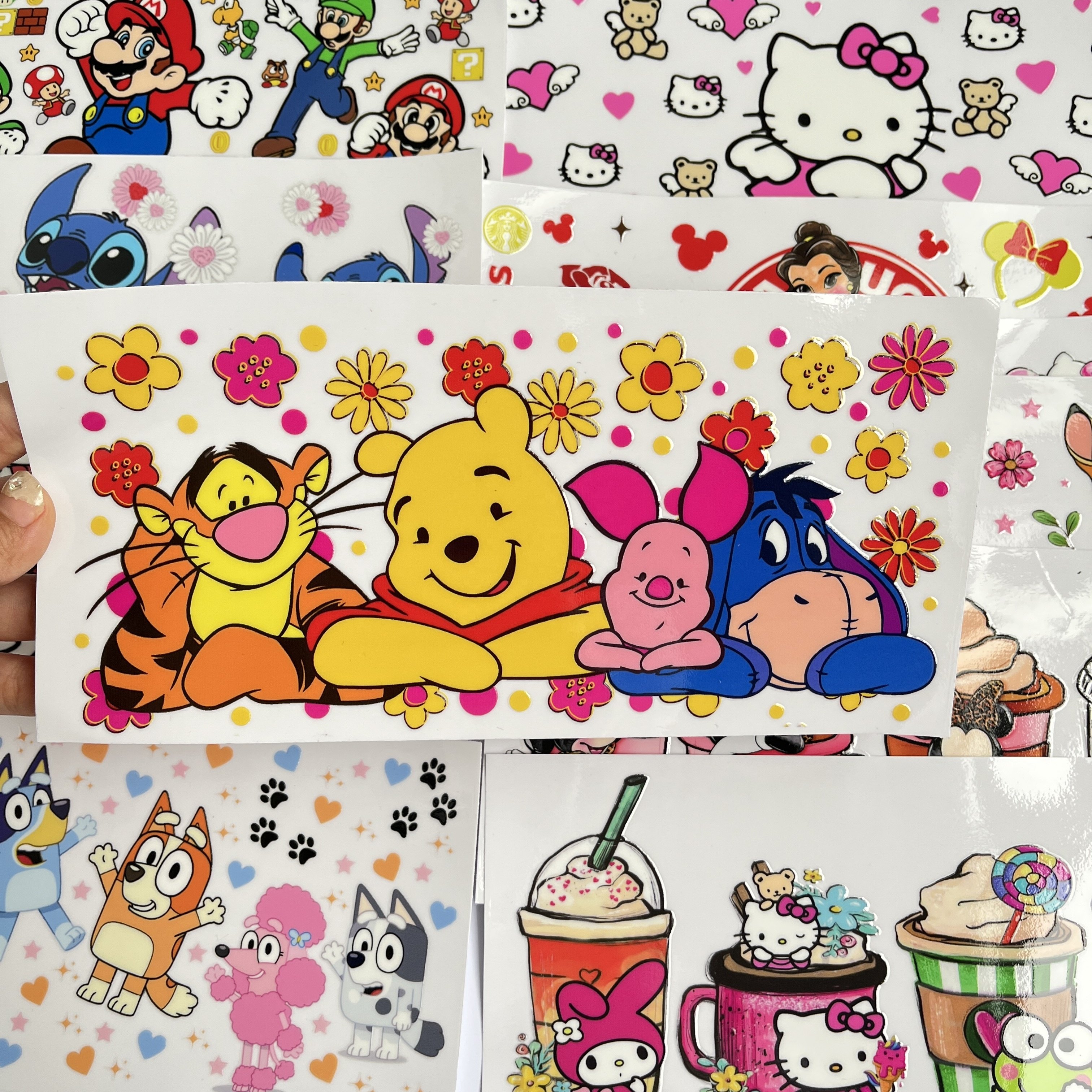 Custom1500+ designs high quality uv dtf wrap transfers 24oz 20oz 16oz cartoon logos transfer printing uv dtf wraps for cups