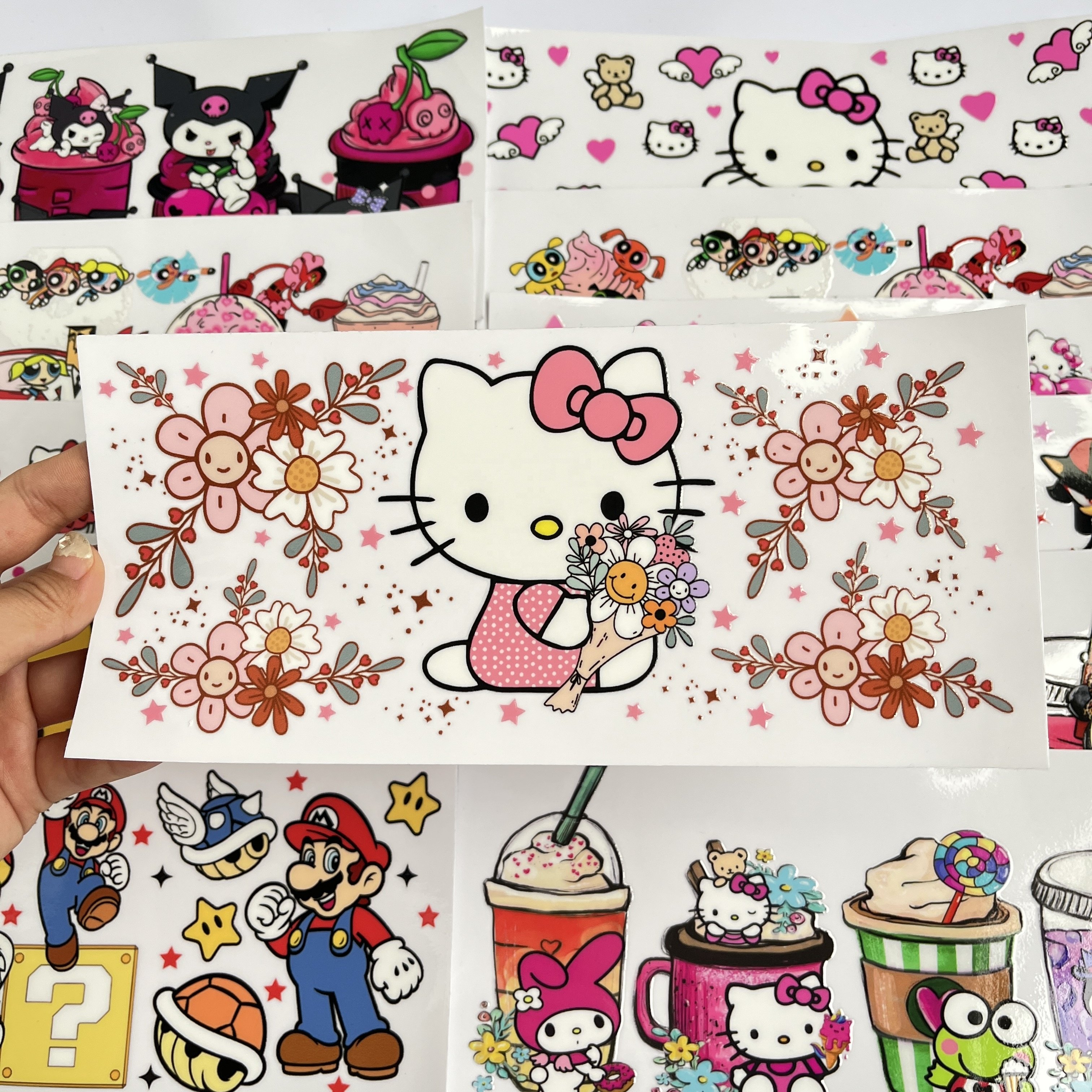 Custom1500+ designs high quality uv dtf wrap transfers 24oz 20oz 16oz cartoon logos transfer printing uv dtf wraps for cups