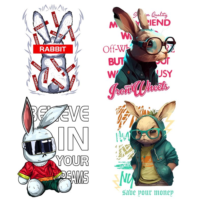 High quality custom cartoon rabbit logo print for clothing packaging labels dtf heat screen print transfers