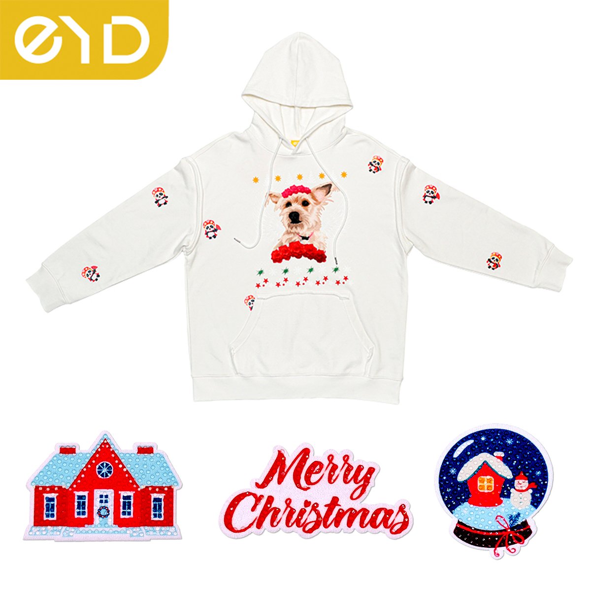 EYD Chenille Merry Christmas And Halloween Iron On Patches Large Cup Customized Dtf Printed Sticker For T-Shirts Heat Transfers